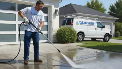 Naperville Paint Pros cleaning concrete driveway in Naperville, IL with pressure washing equipment