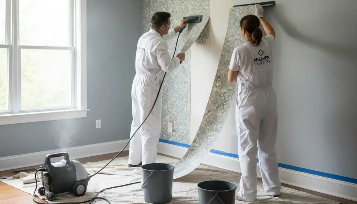 Professional wallpaper removal in Naperville, IL, with wall prep for painting